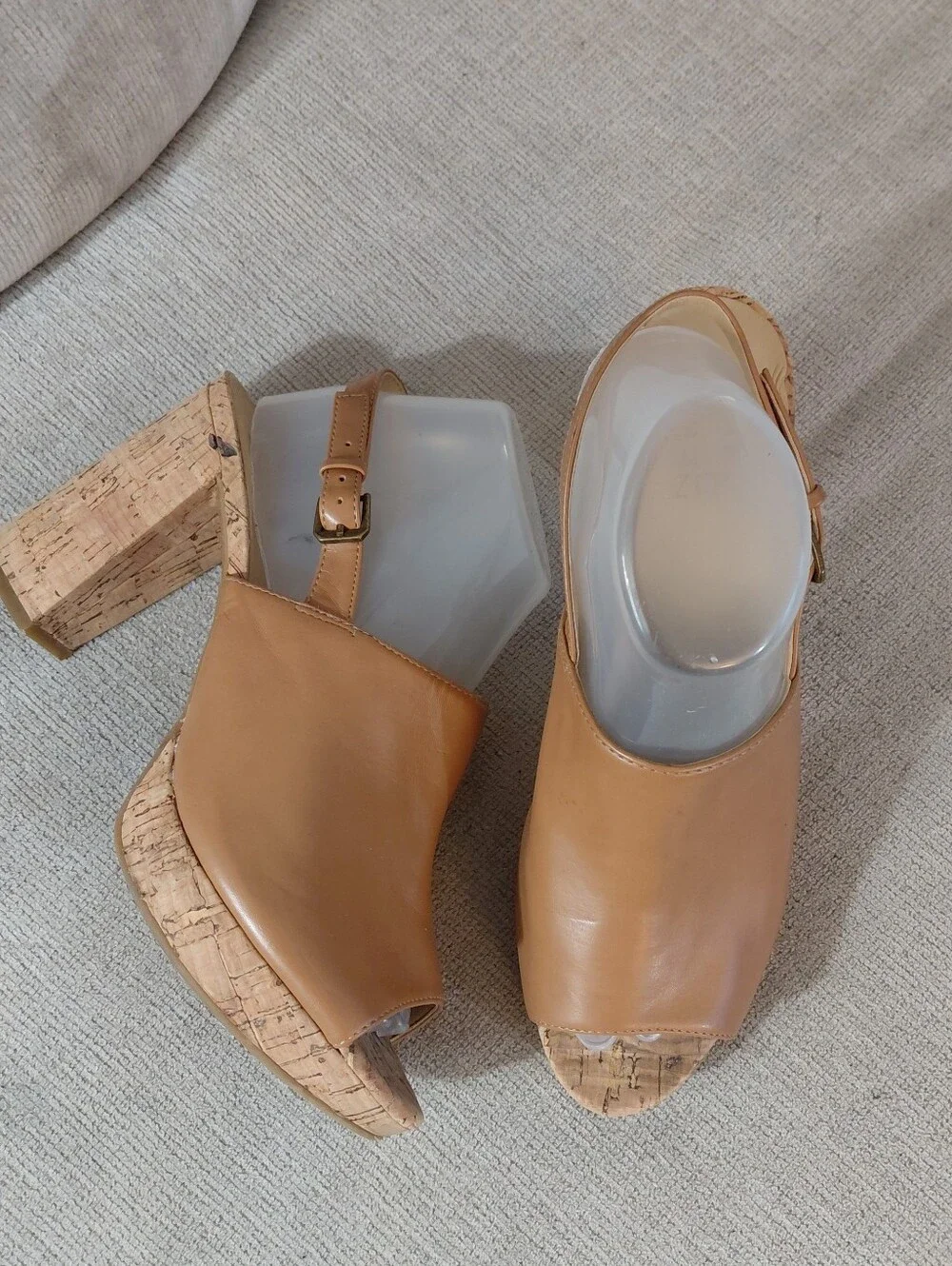 Naturalizer Tan Cork Platform Peep-Toe Block Heel Sandals Size 9.6